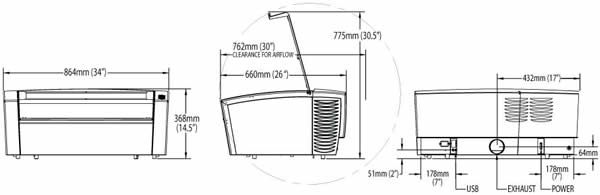 Universal Laser VLS3.60DT Laser System Dimensions